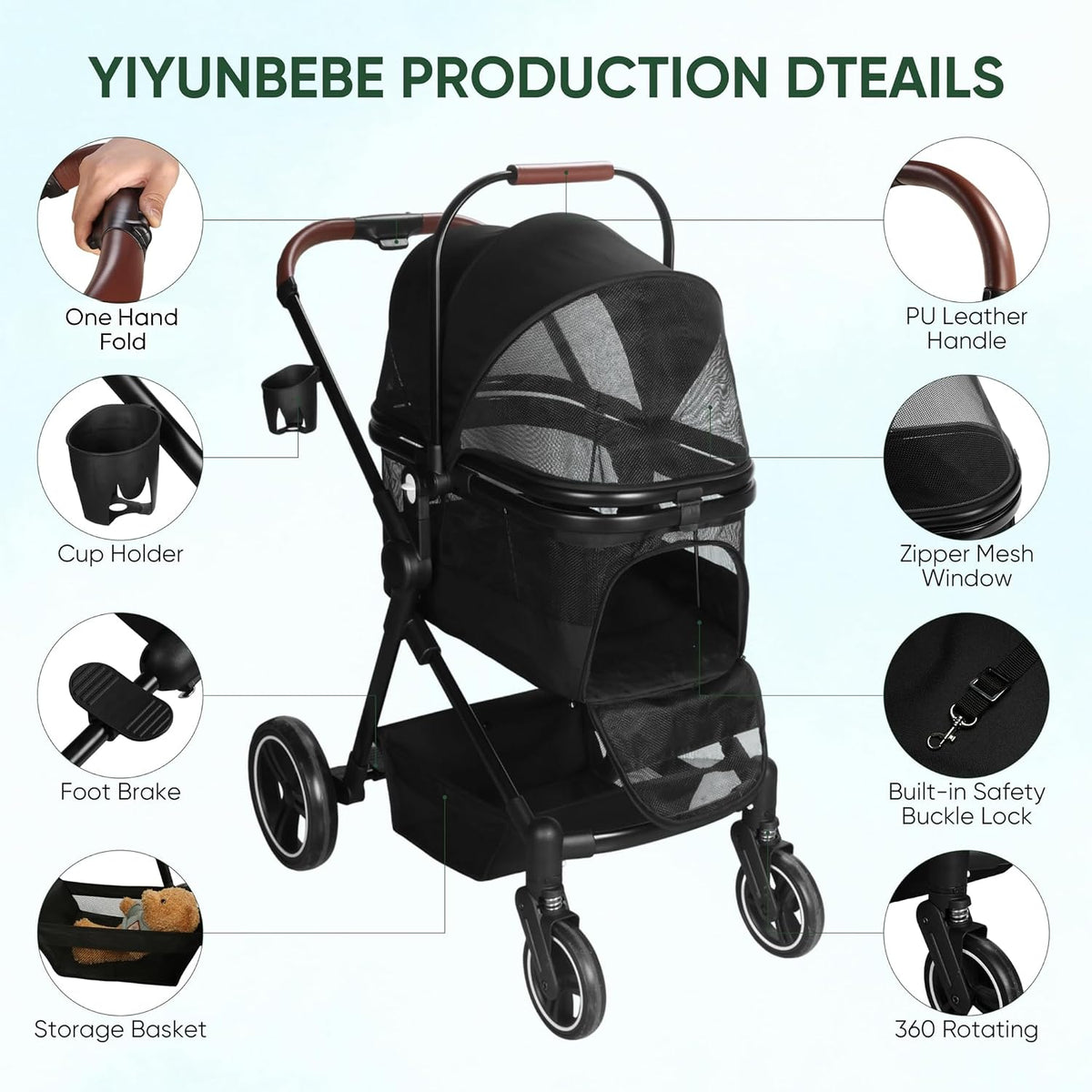 Foldable Double Pet Stroller for 2 Small Medium Cats Dogs – Essentials for Cats - Black / Single - image 4
