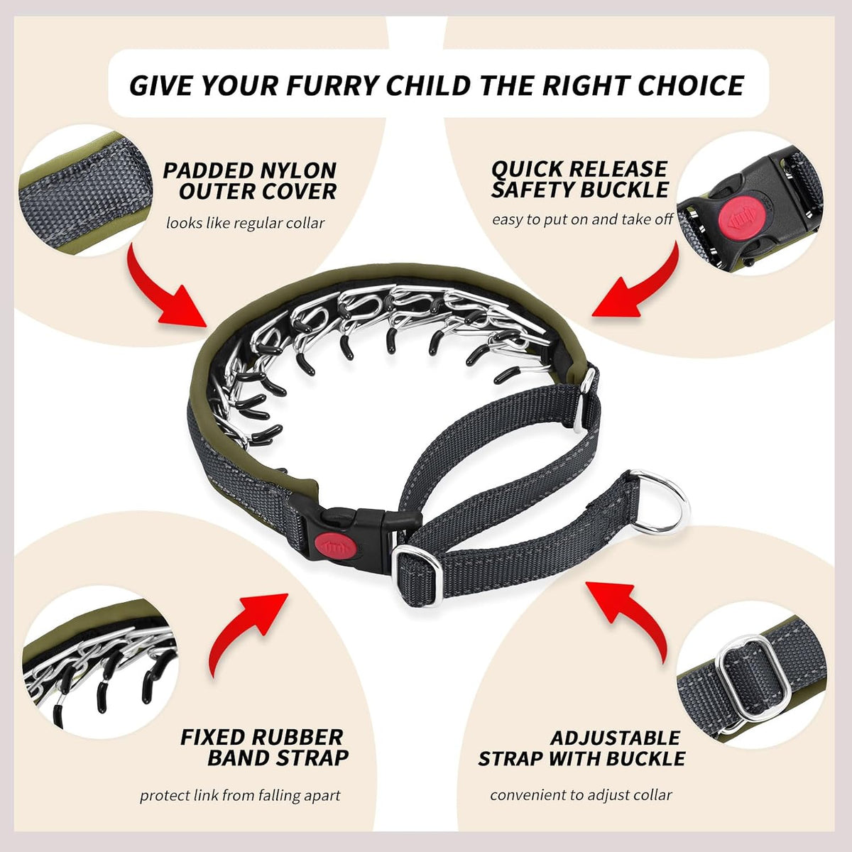 Martingale No Pull Dog Collar for Large Medium Small Dogs - L (19"-26" Neck, 1.5" Wide) / Black Army Green - image 3