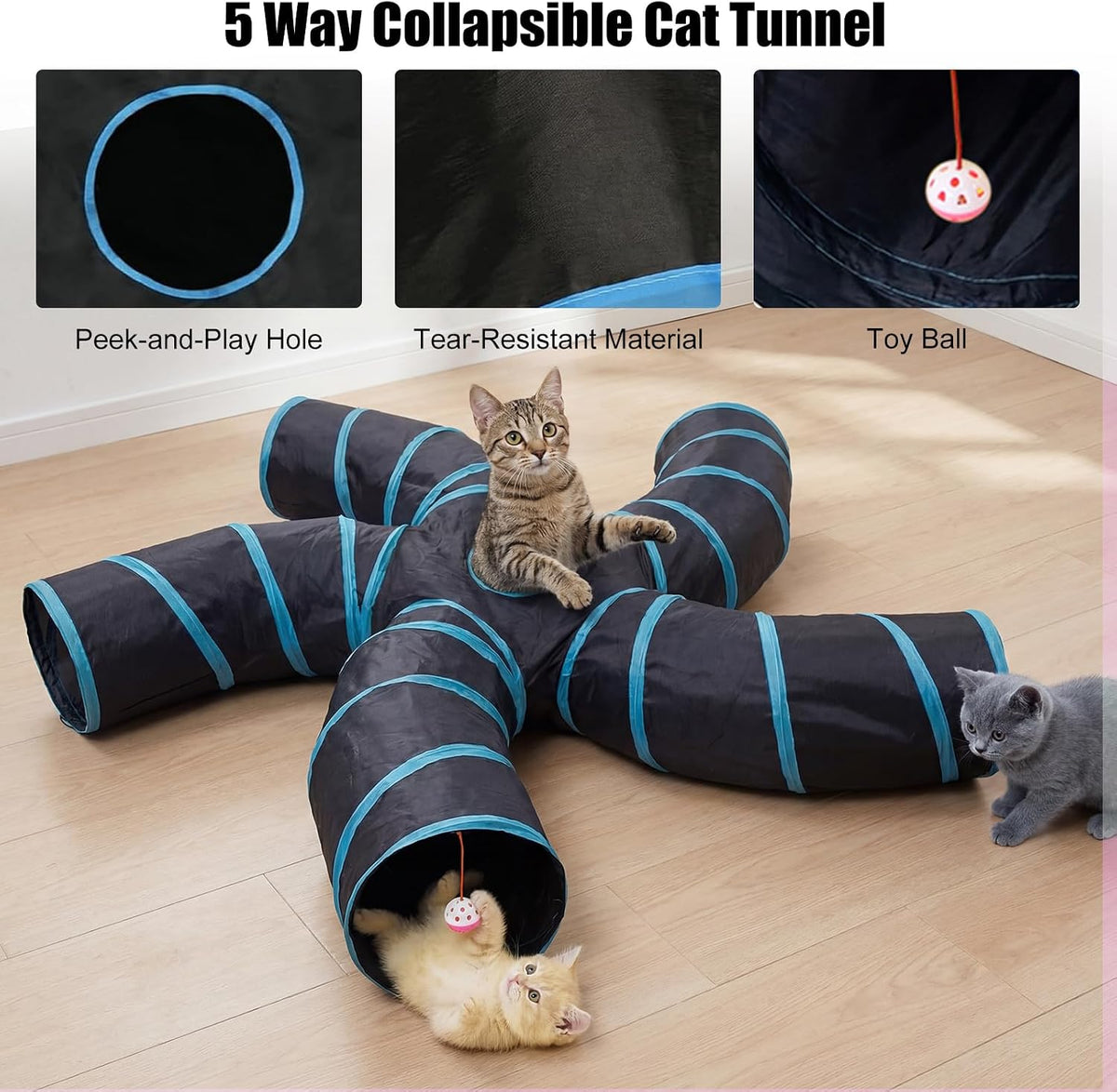 Bemodst Cat Tunnel for Indoor Cats - Black&Blaue 5 way - image 4