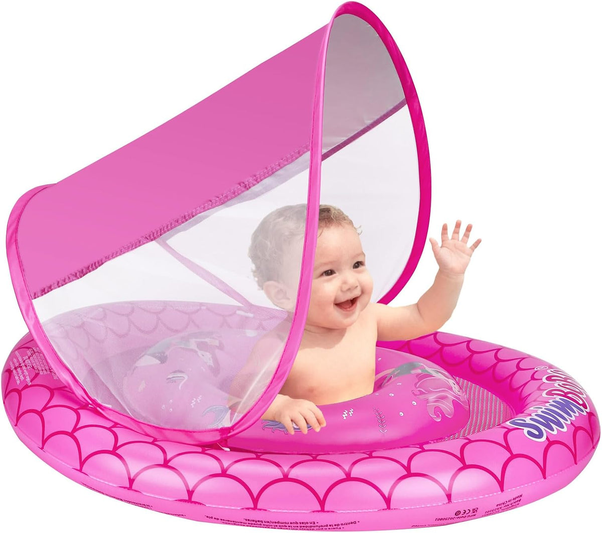 Swimbobo baby pool float with sun canopy and safety seat, Yellow Dinosaur design