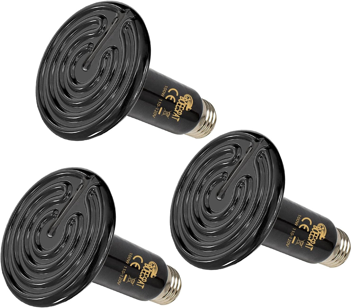 150W Reptile Heat Lamp, Pack of 2 Ceramic Heat Emitters for Reptile Geckos, Lizard, Iguana, Bearded - 100 Watts / 3pcs/Black