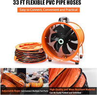 8-Inch High-Velocity Portable Utility Blower Fan, Industrial Exhaust Fan with 33ft Flexible Duct Hose, 3150 RPM Low-Noise Ventilator for Basements, Workshops, Warehouses, and Confined Spaces