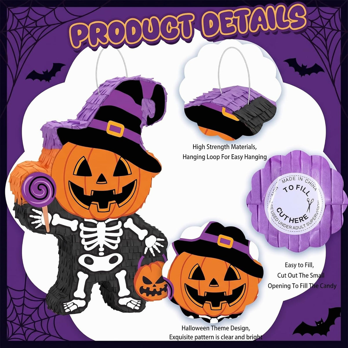 Aoriher Halloween skull piñata with bat stick, blindfold and square confetti - view 19
