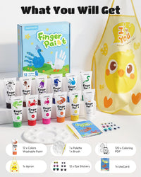 JUPITEARTH washable finger paint set for toddlers with 12 color tubes, apron, brush, palette and eye - view 6