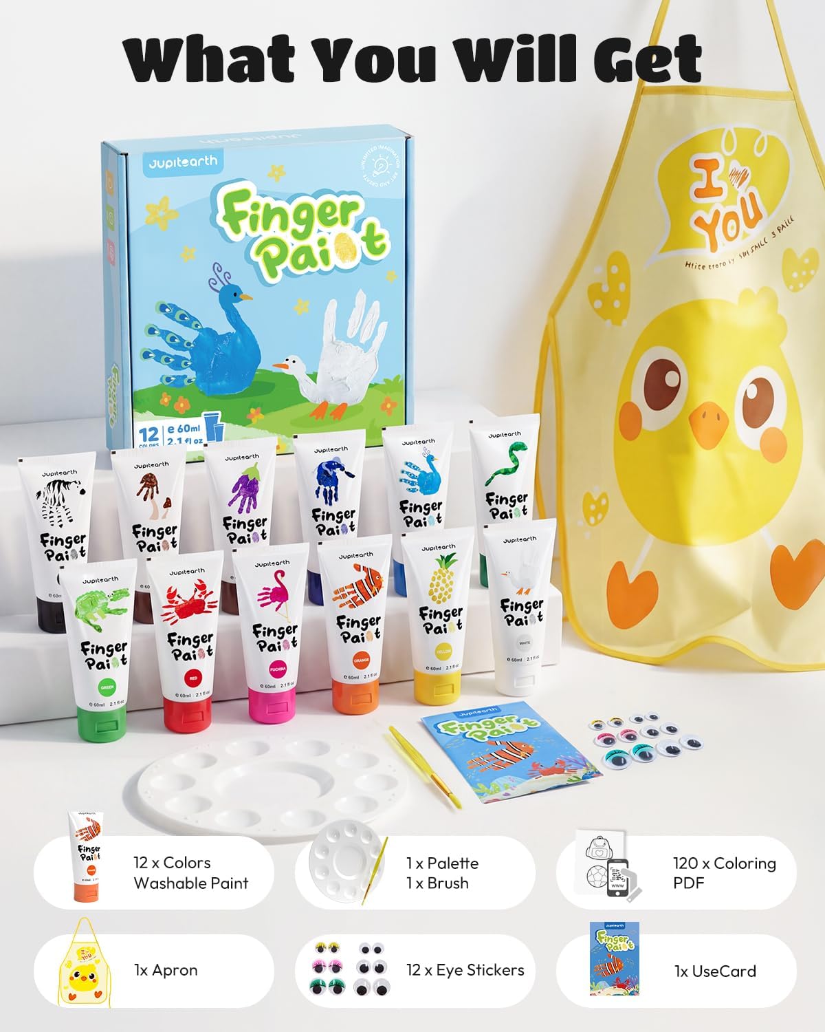 JUPITEARTH washable finger paint set for toddlers with 12 color tubes, apron, brush, palette and eye - view 6