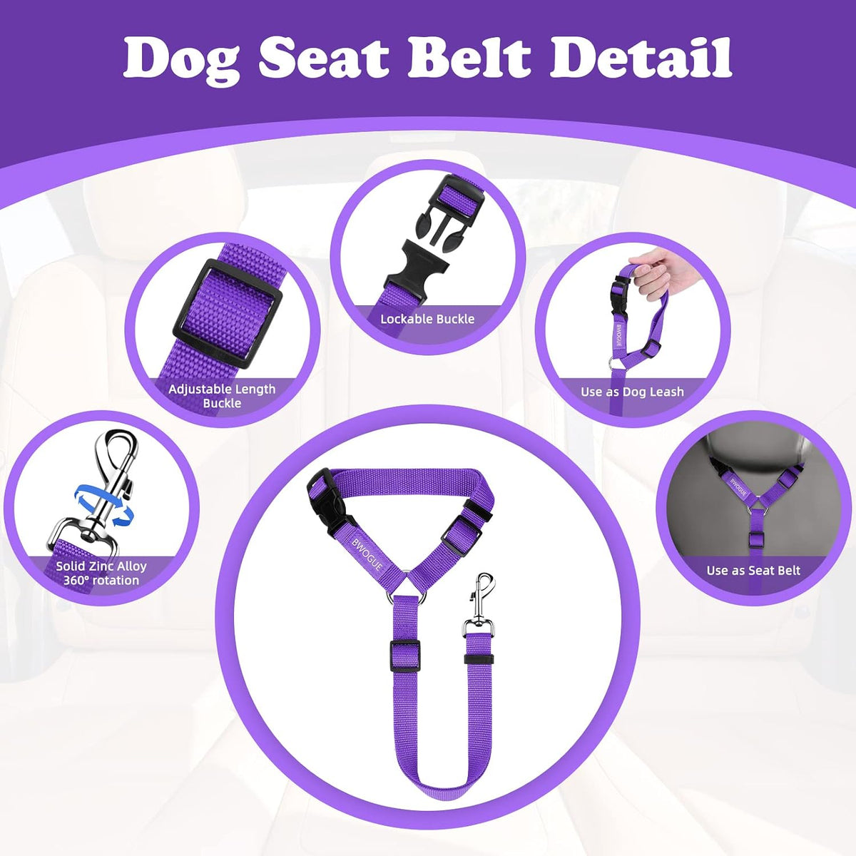 Dog Seat Belt for Car, Headrest Restraint Safety Lead, Dogs Cats – Essentials for Dogs - Purple / Not elastic - image 3