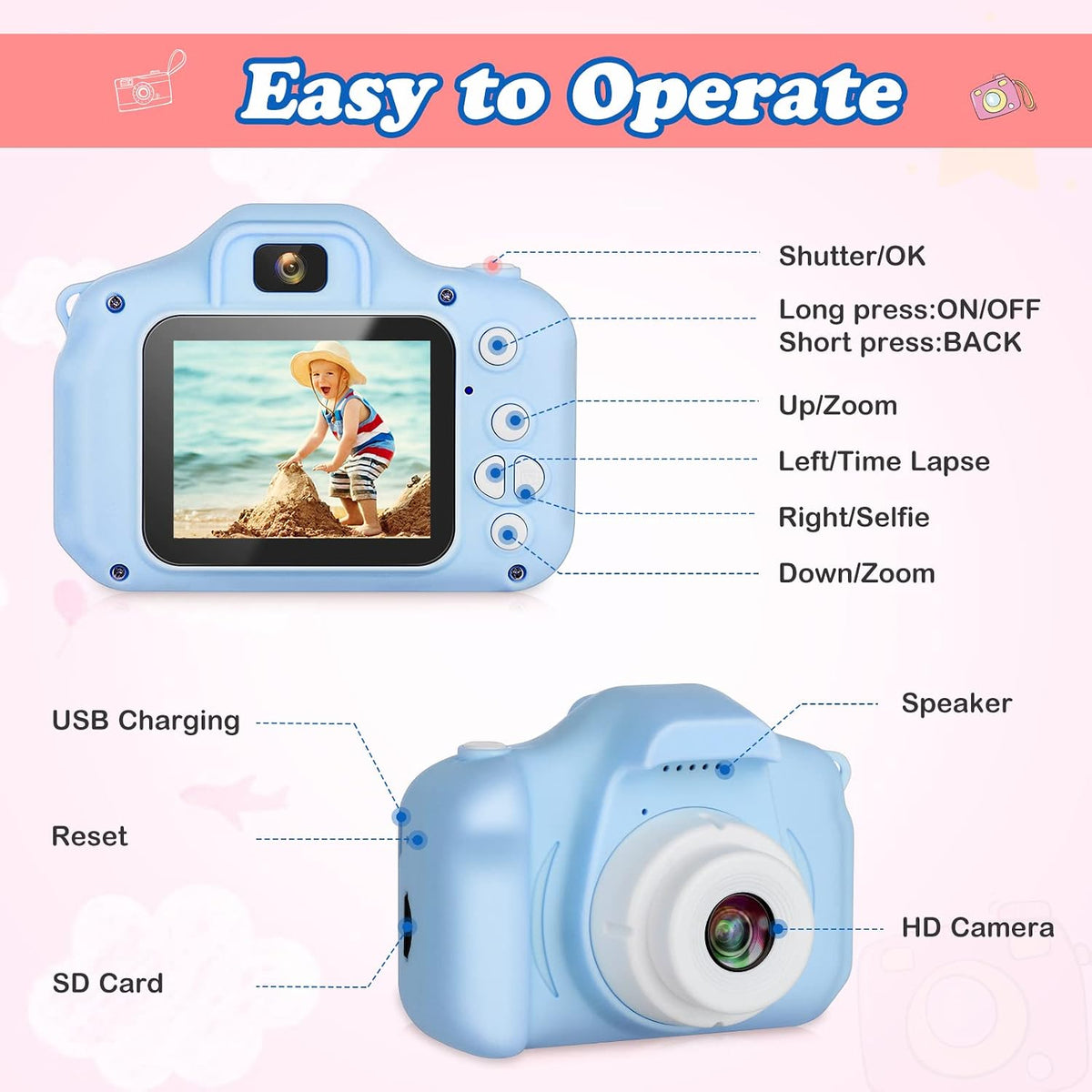 Zeacool Kids Camera, HD Digital Video Camera - Blue - image 2