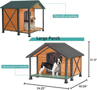Outdoor Dog House,Weatherproof Wooden Dog Shelter for Small to Medium Sized Dogs,Iron Frame Indoor Outdoor Doghouse,Puppy Kennel,Pets Warm House in Winter with Large Porch