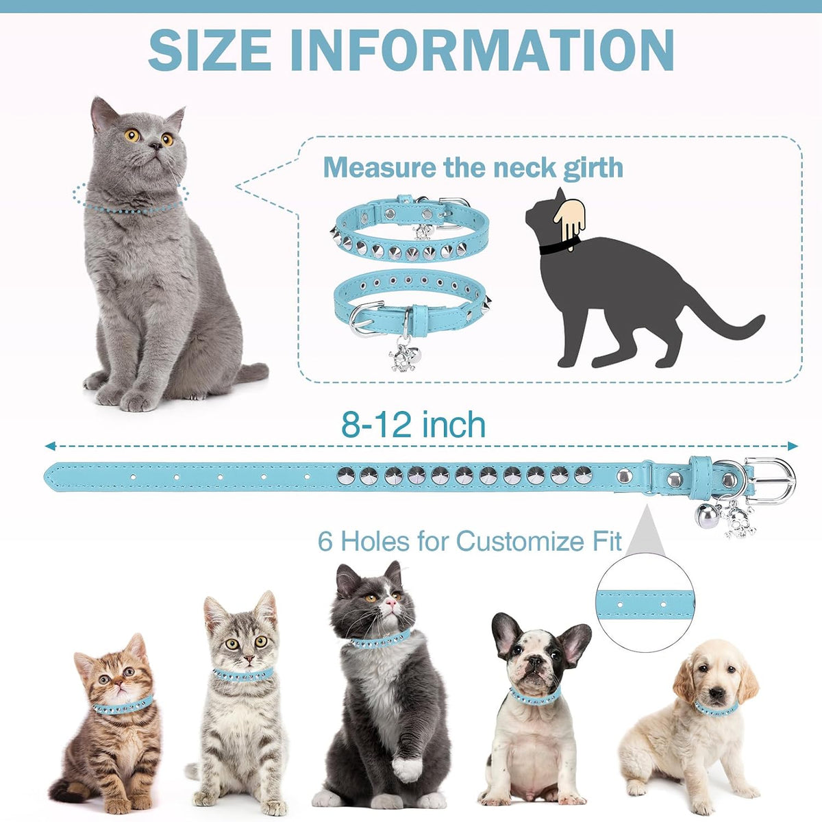 Leather Cat Collar, Breakaway Kitten Collars with Bell, Black – Essentials for Small Pets - Light Blue_Studded / 8"-12" Cats / Mini Dogs(Pack of 1) - image 4