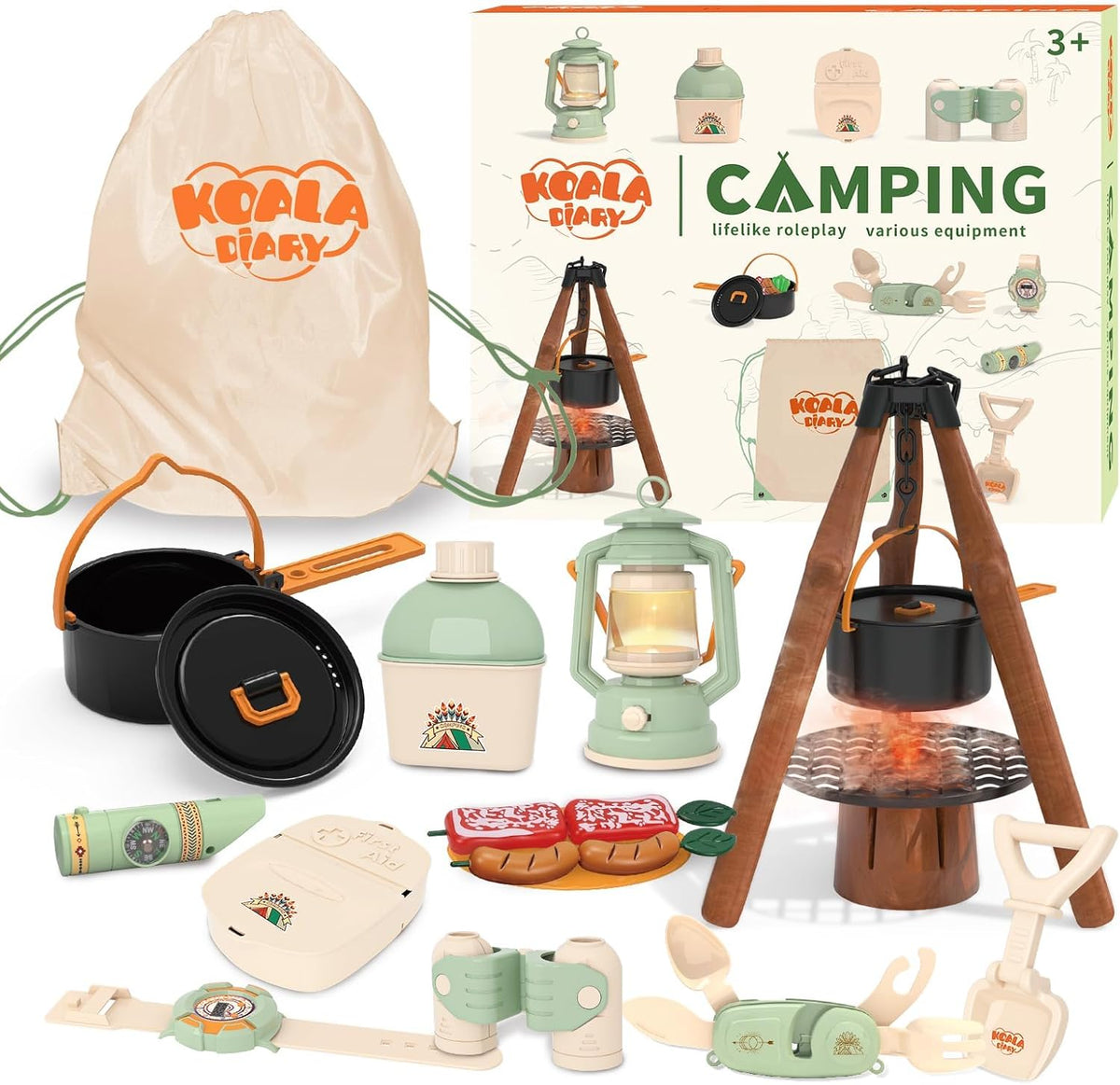 KOALA DIARY kids camping set with tripod stove, cooking pot, lantern and play food