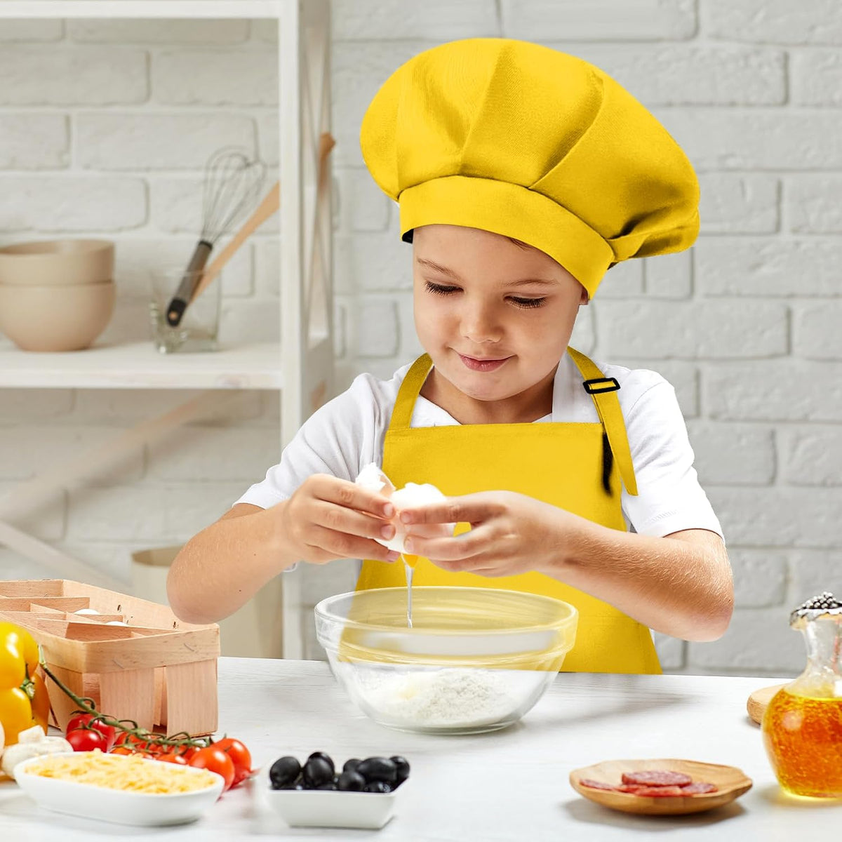 Kids Apron and Chef Hat Set Adjustable Child Art Aprons with 2 - F-yellow / Small - image 4