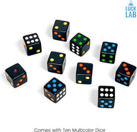 Luck Lab 6 sided dice set of 10 white 16mm D6 dice with multicolor rainbow pips - view 3