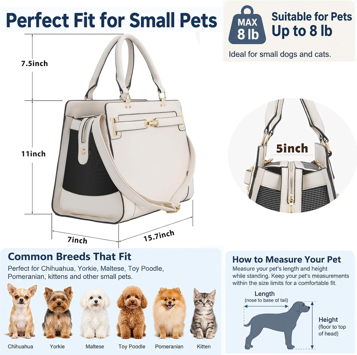 Fashion Pet Carrier Dog Cat Carrier Purse Soft-Sided Leather Handbag - Beige - image 3