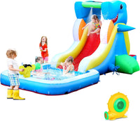 Step4Fun inflatable shark water slide with climbing wall, water cannon and splash pool