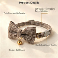 Breakaway Cat Collar with Bow Tie and Bell Adjustable Soft Corduroy - Small: Neck 7.5" - 11.0" / Tweed-Brown - image 2