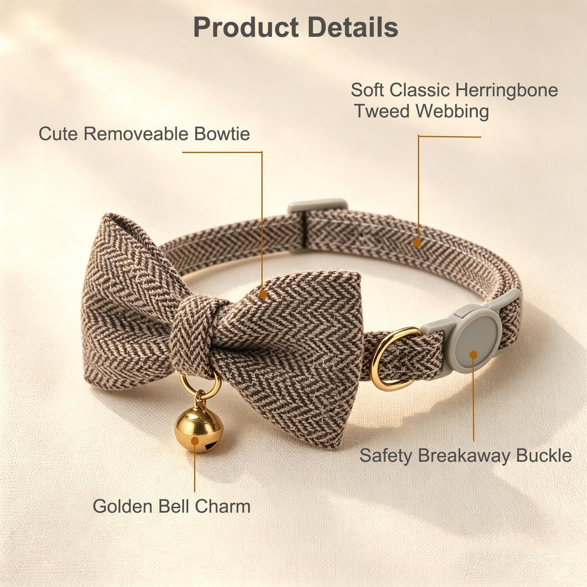 Breakaway Cat Collar with Bow Tie and Bell Adjustable Soft Corduroy - Small: Neck 7.5" - 11.0" / Tweed-Brown - image 2