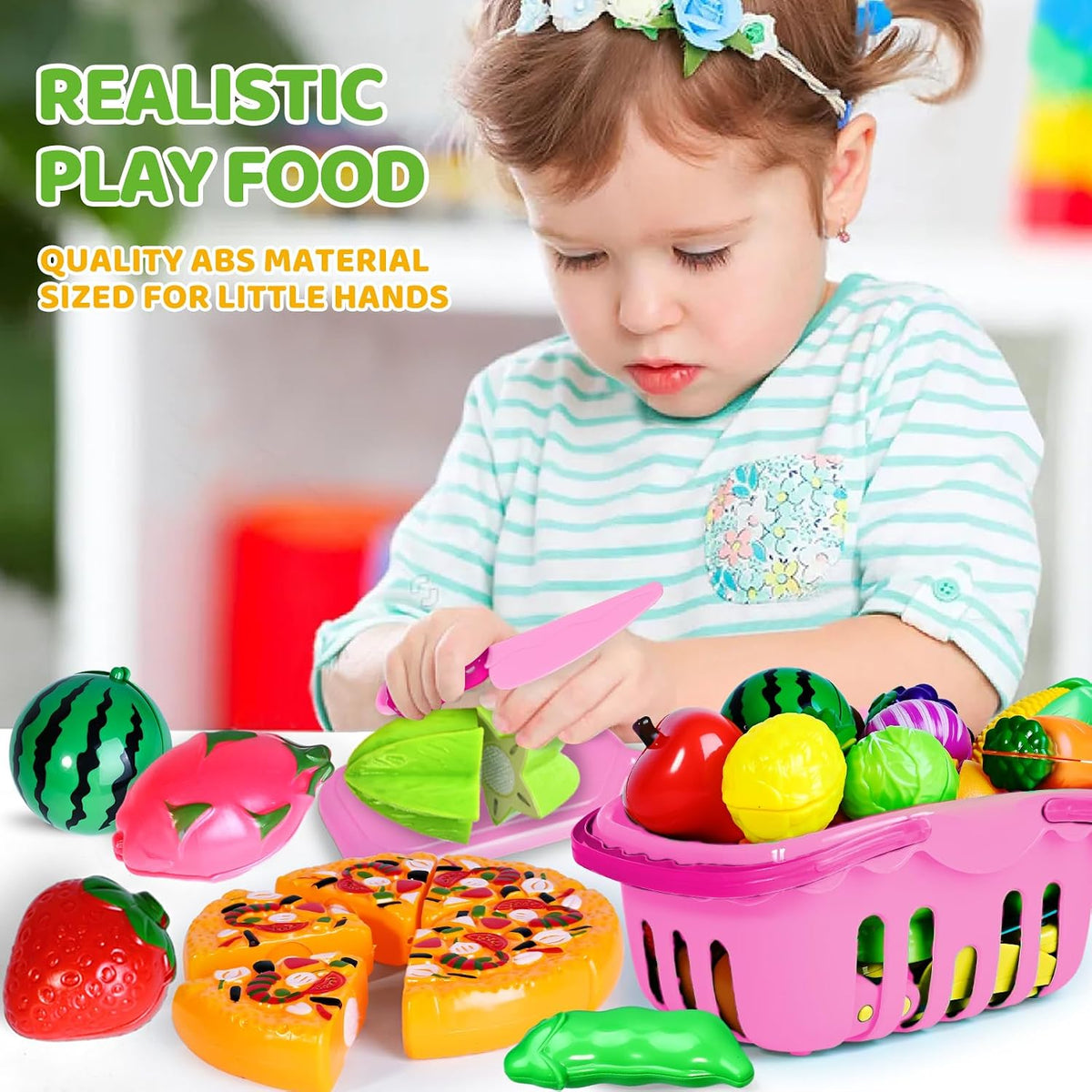 100 PCS Cutting Play Food Toy for Kids Kitchen - Pink - image 2