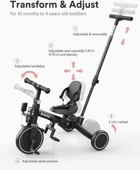 besrey Folding Toddler Tricycle-to-Balance Bike with Push Handle - Black - image 4