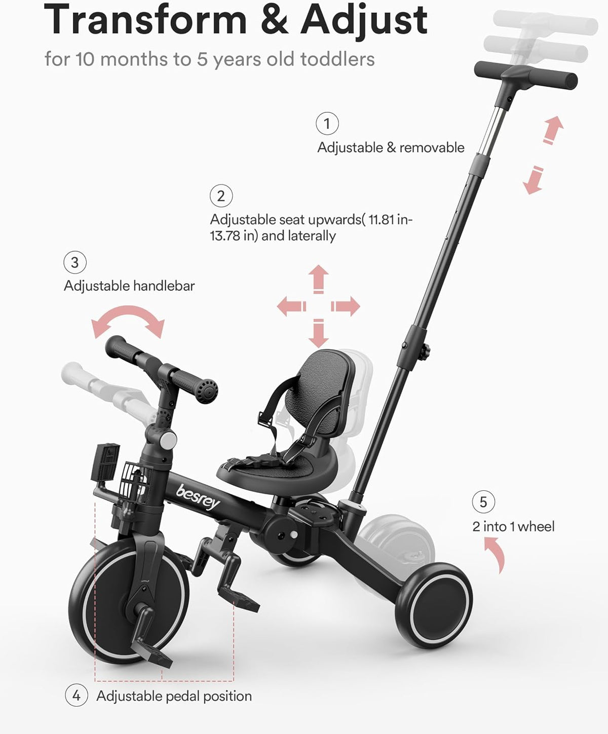 besrey Folding Toddler Tricycle-to-Balance Bike with Push Handle - Black - image 4