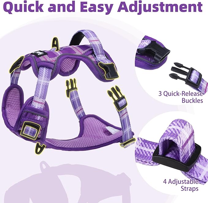 PUPTECK No Pull Dog Harness for Large, Adjustable Reflective Dog Harness with Handle Easy Control, Comfortable Soft Padded Pet Vest Harness for Large Dogs, Plaid Purple XL