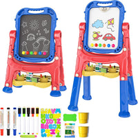 Amagoing Easel for Kids, Adjustable Standing Art Easel for Toddler, Double Side White Chalk Board - blue+red