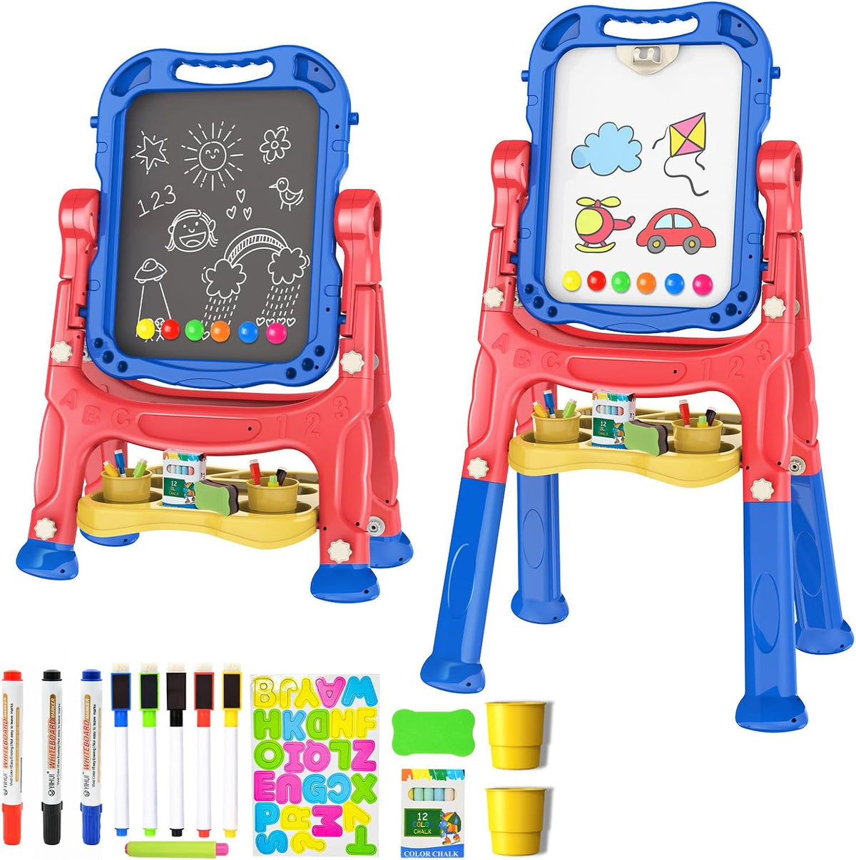 Amagoing Easel for Kids, Adjustable Standing Art Easel for Toddler, Double Side White Chalk Board - blue+red