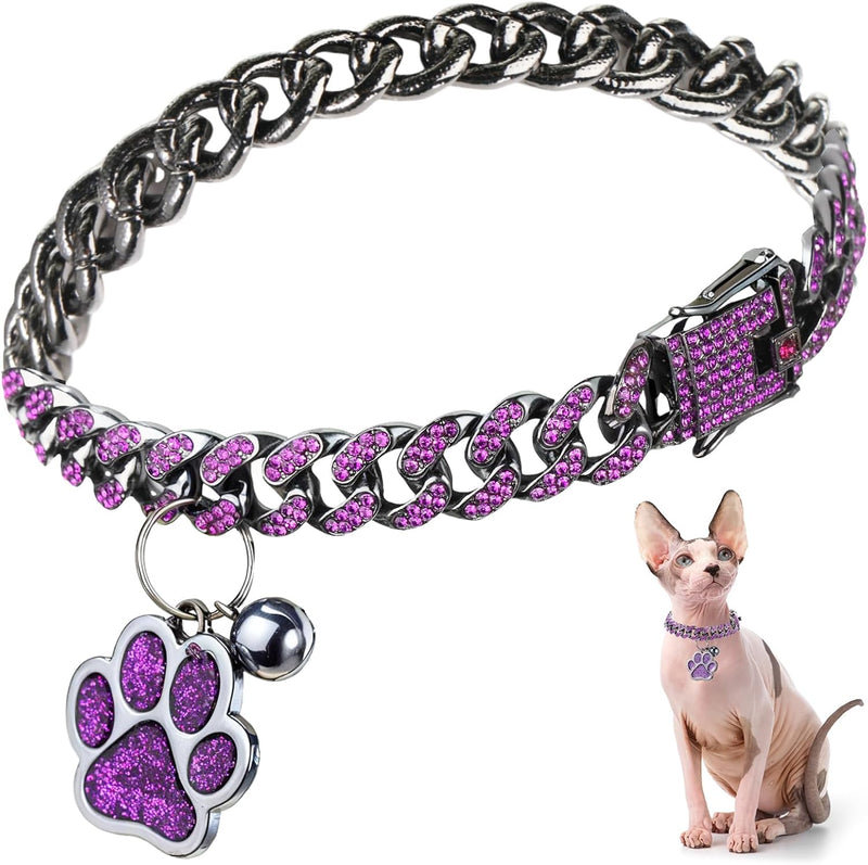 Hillban Cat Collar Chain Diamond Jewelry Gift - Steel Black, Purple / 10 Inch