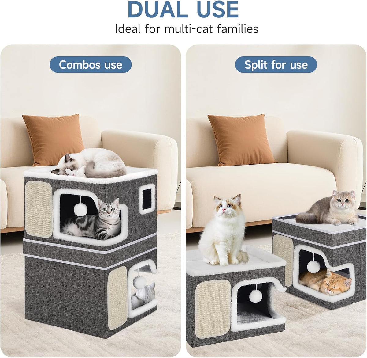 Shikha 2 Story Cat Bed House for Indoor Cats with Scratch Pads Black – Essentials for Cats - Grey / Double / Without Heating Pad - image 3