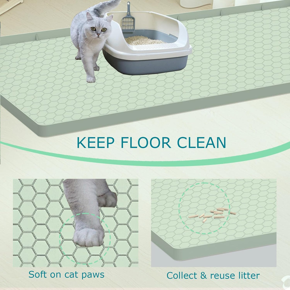 Cat Litter Mat, Silicone Large Cat Mat for Litter Box - 34"L x 22"W / Green - image 2