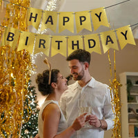 Happy Birthday Banner,Pre-Strung Black and Gold Party Decorations，16ft Pre-Strung Hanging Sign - gold-black - image 3