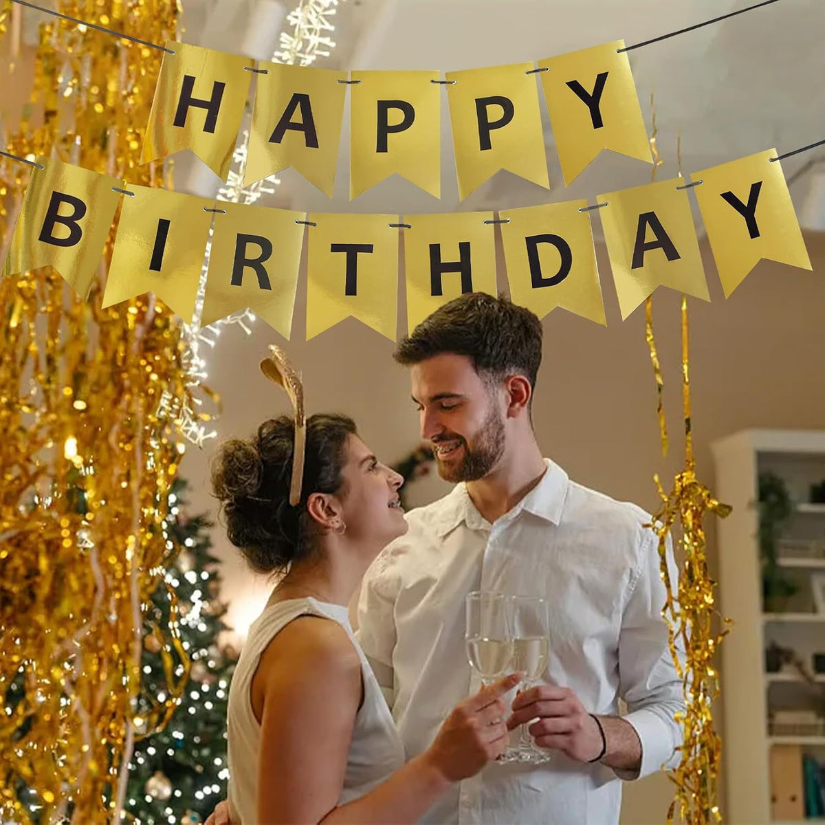 Happy Birthday Banner,Pre-Strung Black and Gold Party Decorations，16ft Pre-Strung Hanging Sign - gold-black - image 3