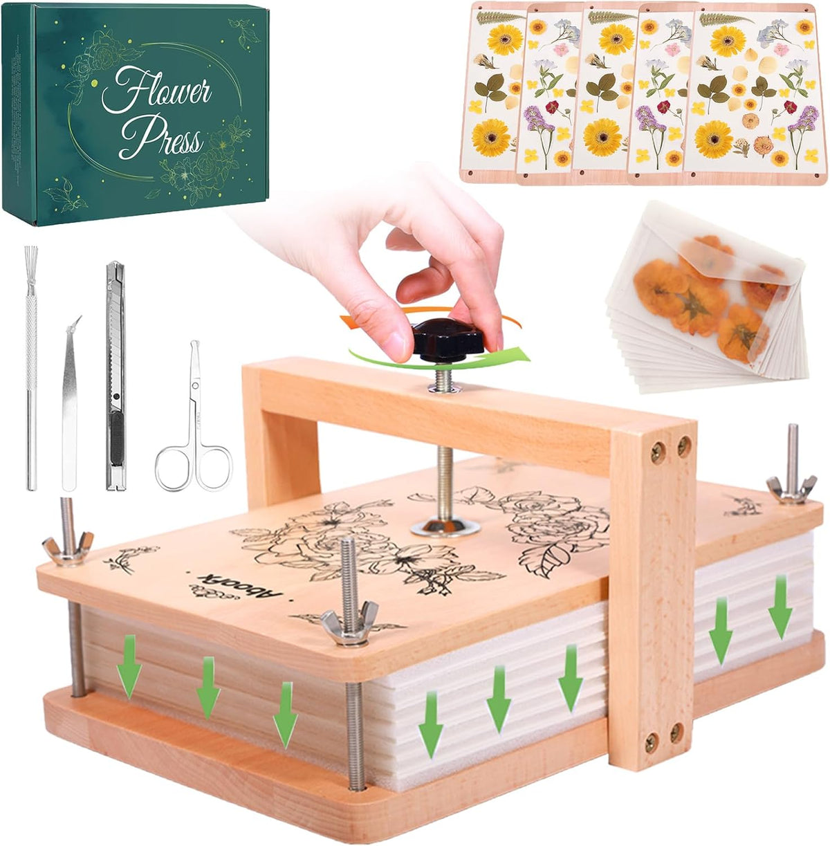 Aboofx large wooden flower press kit with six layers, lining papers and craft tools
