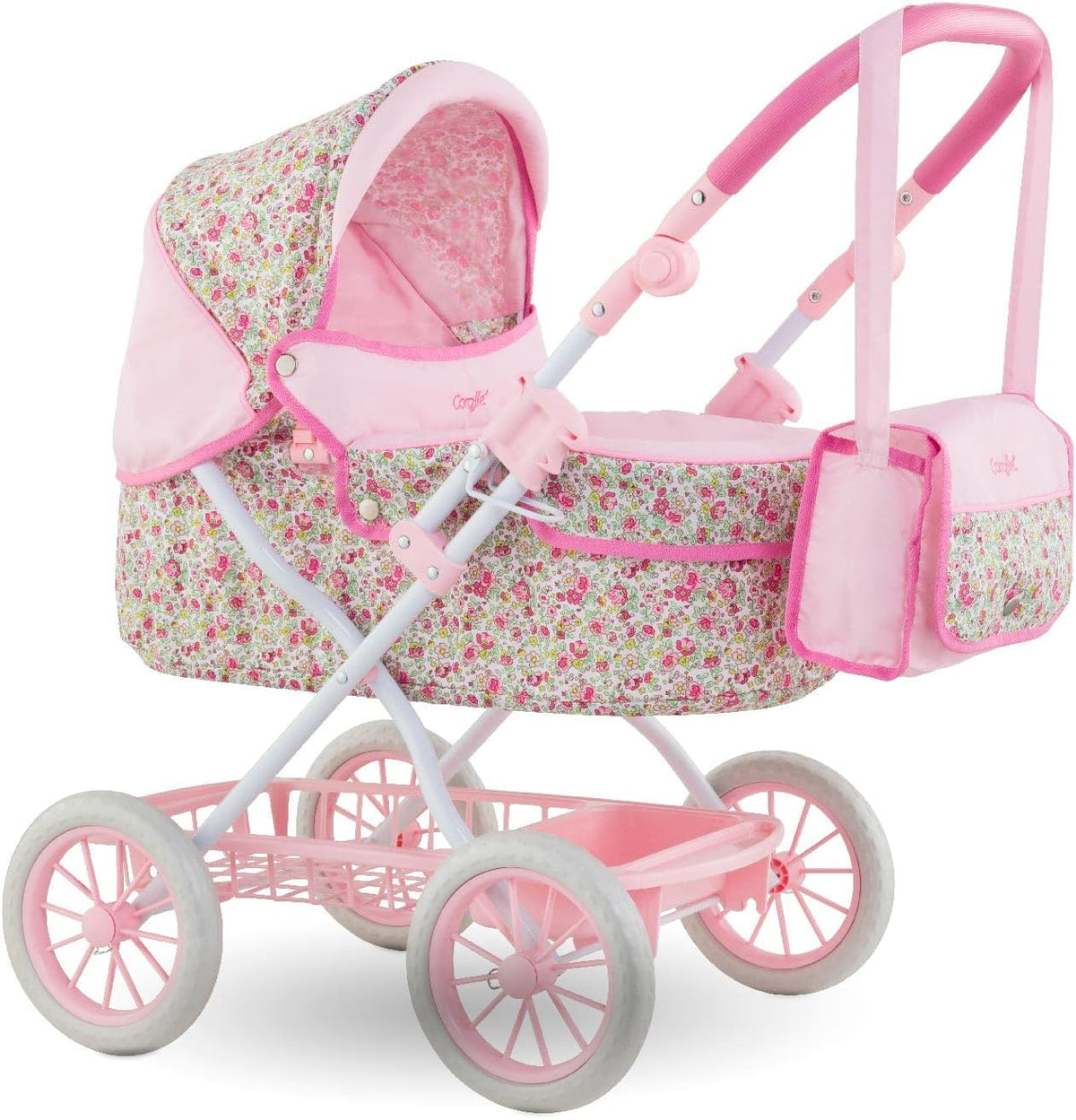 Corolle foldable pink baby doll stroller with carriage design, canopy and basket