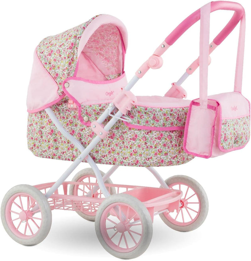Corolle foldable pink baby doll stroller with carriage design, canopy and basket