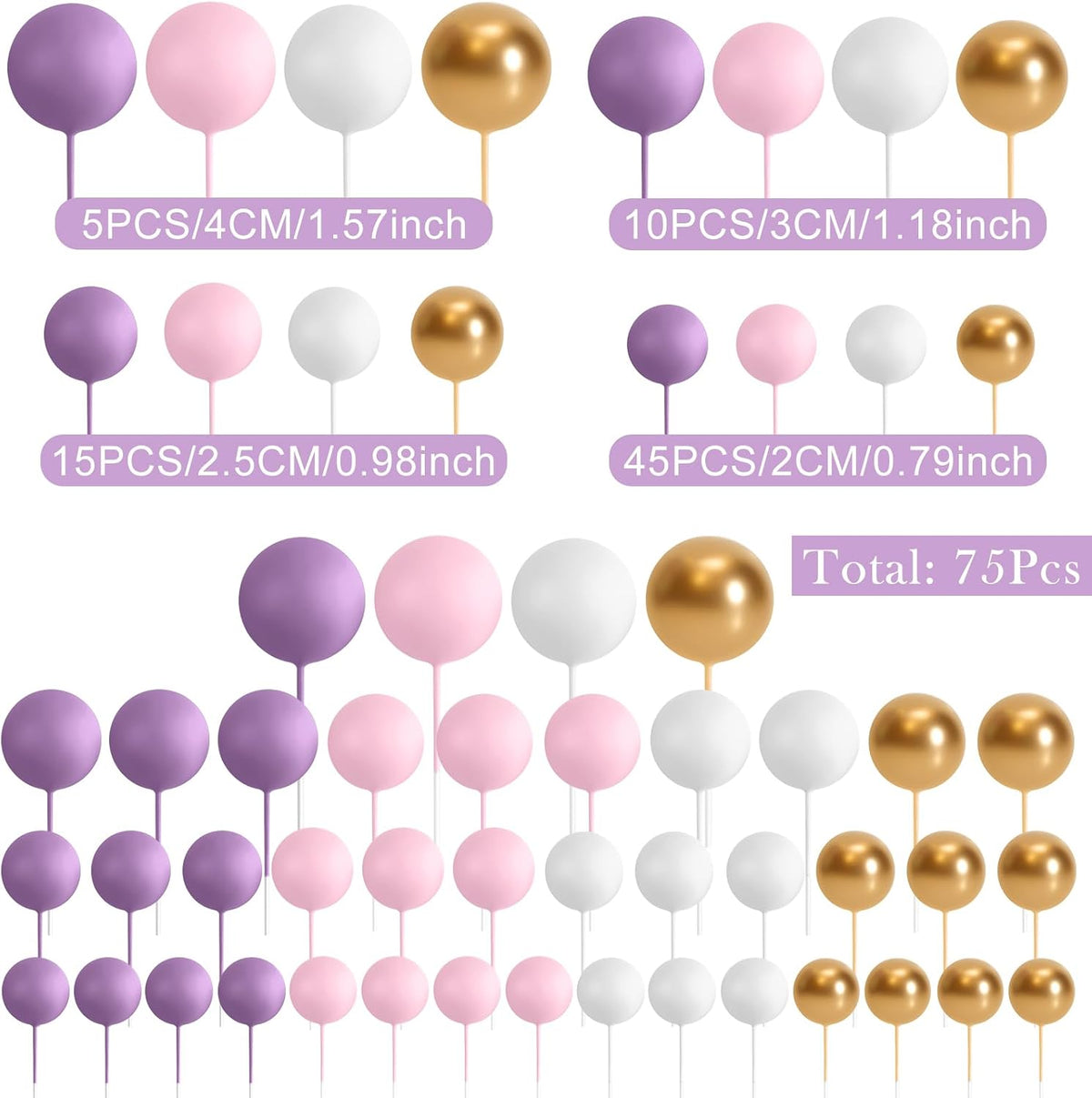 75 Pieces Cake Balls Topper Decorations Foam Cupcake Topper Mini - Purple,pink,gold,white - image 2
