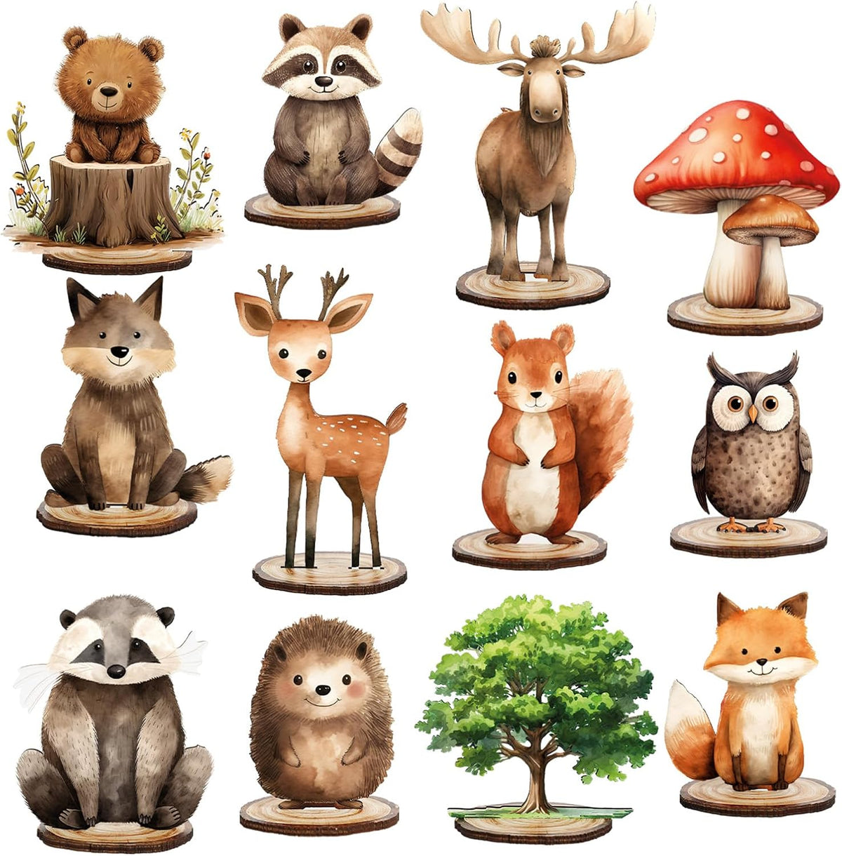 FYSUIMU woodland animal table centerpieces, 12 painted wooden signs standing in matching bases - view 3