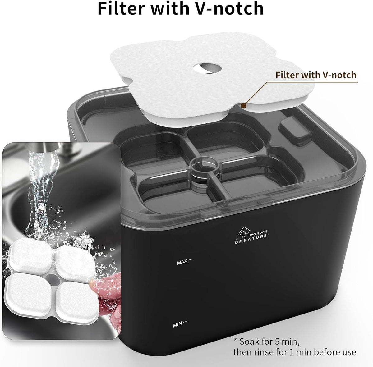 Wonder Creature Crystal Cat Water Fountain Stainless Steel Lid - Black+4 Filters+4 Sponges - image 4