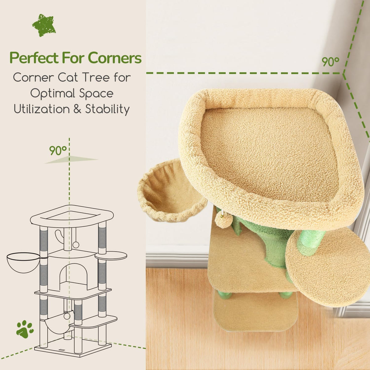 Globlazer Corner Stable Cat Tree Tower with Scratching Post, C51 - 51inch / Cactus Green - image 2