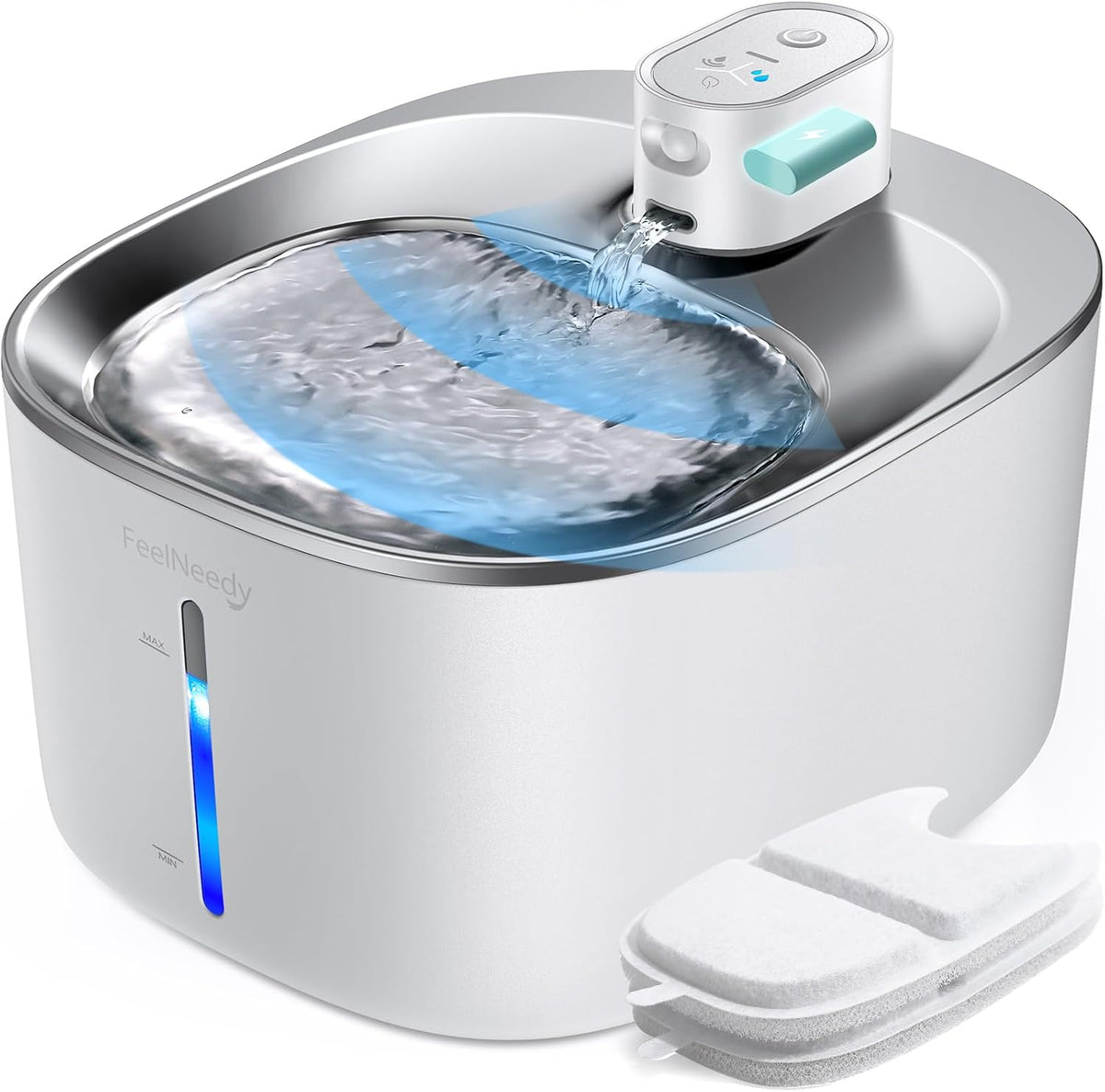 FEELNEEDY Wireless Cat Water Fountain Stainless Steel with Sensor - White Fountain(2 Filters)