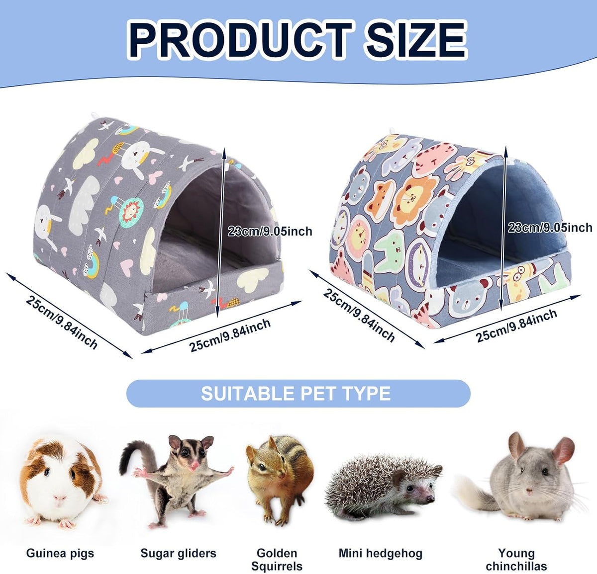 UPINS 2 Pack Guinea Pig Hideout, Washable Small Animal House Bed – Daily Care for Small Pets - 9.84 x 9.84 inch / Grey Dark Blue - image 2