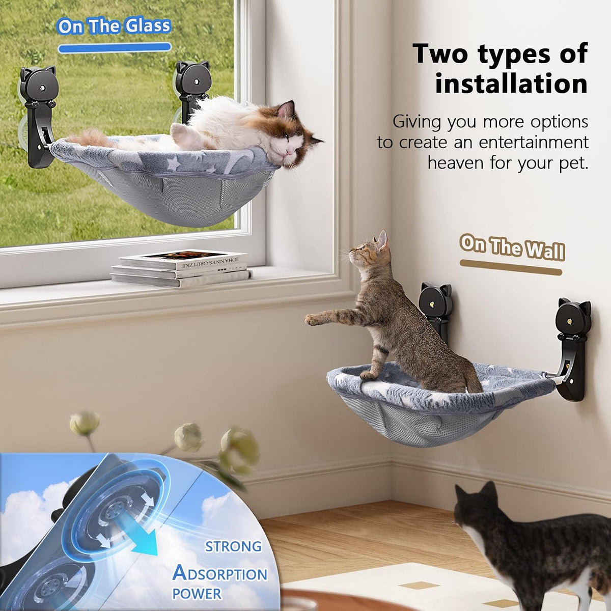 Cat Window Perch Cordless, Foldable & Stable Cat Beds - Faux Rabbit Fur-Large / Grey - image 4