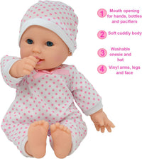 New York Doll Collection 11 inch soft body baby doll in polka dot onesie with pacifier and blanket - view 38