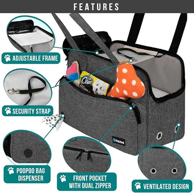 PetAmi Small Dog Purse Carrier, Soft-Sided Pet Carrier Bag with Pockets, Portable Puppy Cat Travel Handbag Tote, Airline Approved Breathable Mesh, Poop Bag Dispenser, Sherpa Bed, Max 18 lbs, Dark Gray