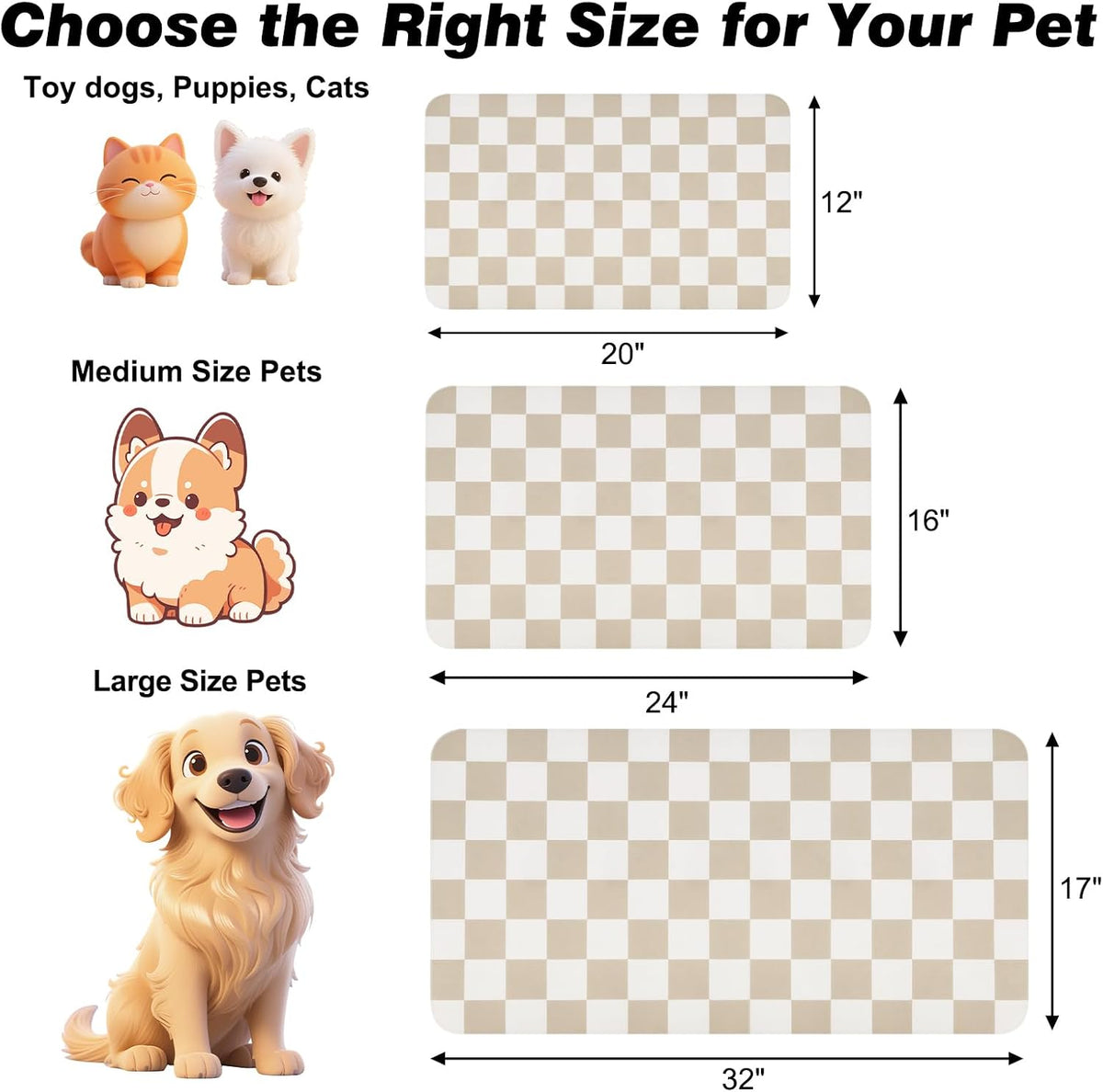 CooRug Checkered Dog Food Mat, Pet Feeding Mat 20" L x 12" W - Beige / 24"L x 16"W - image 2