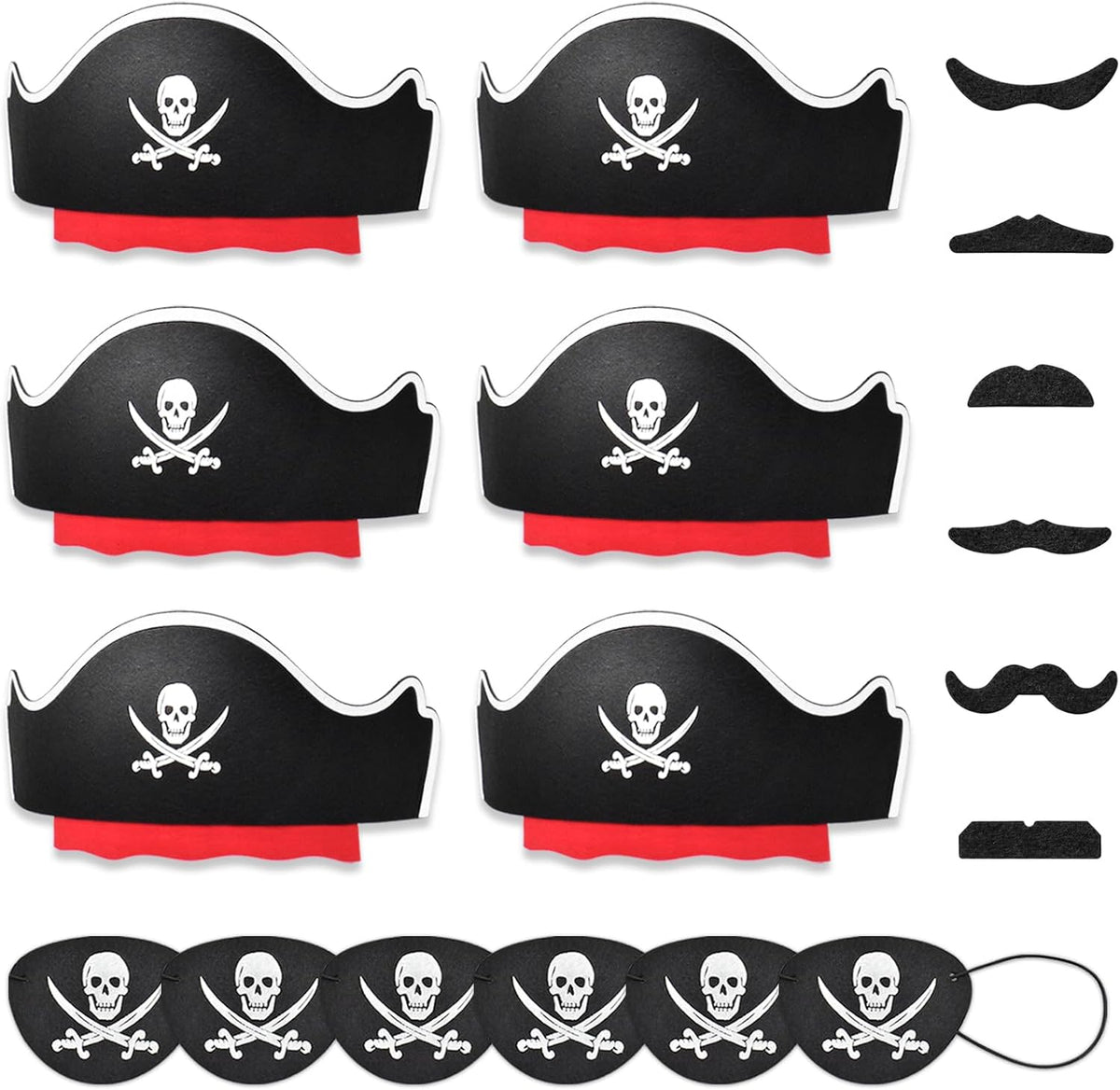 Halatool pirate party hat set with 6 felt hats, 6 skull eyepatches and 6 fake mustaches