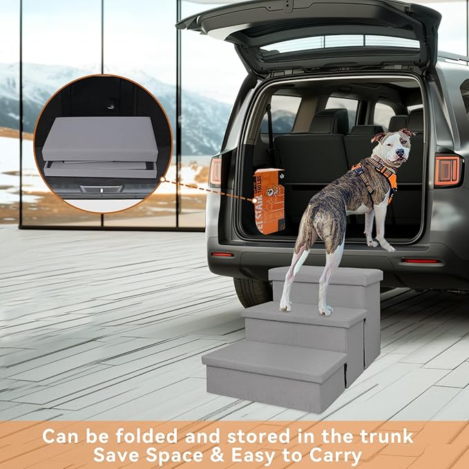 Dog Stairs 18" H, 3-Step Wider Dog Steps for High Beds Couch, Folding Storage Pet Stairs Gift for Small/Medium/Large Old Dogs Cats, Ramp for Climbing Car Up to 200 lbs, (Gray, with Condo)