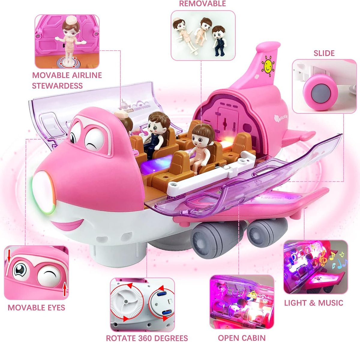 Ynybusi electric airplane toy for toddlers in pink with passengers, flight attendants and lights - view 5