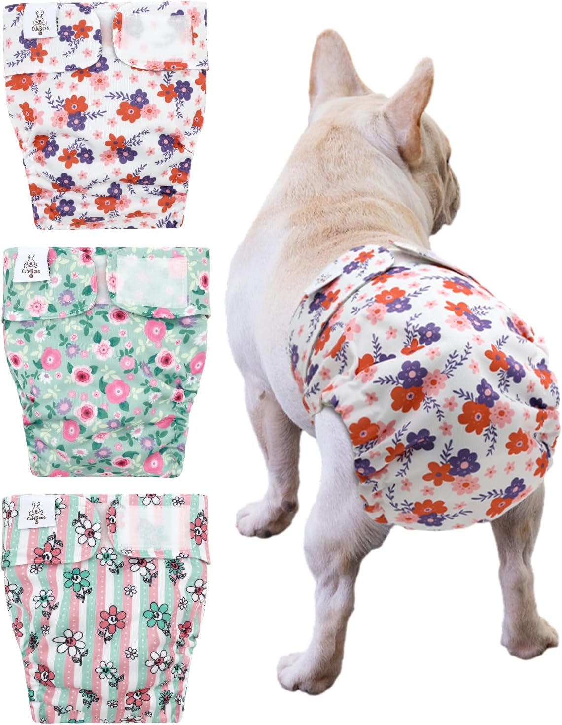 CuteBone Washable Dog Diapers Female No Tail Hole 3 Pack Reusable - For docked-tail, 5#Floral / XS