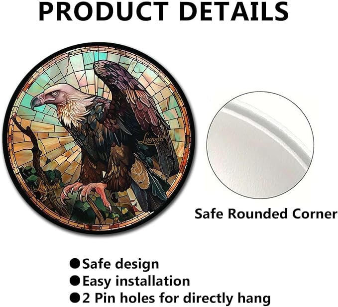 Lygond Metal Sign Tin Sign Circular Stained Glass Vulture Funny Gardening Gift for Patio 8×8 Inches