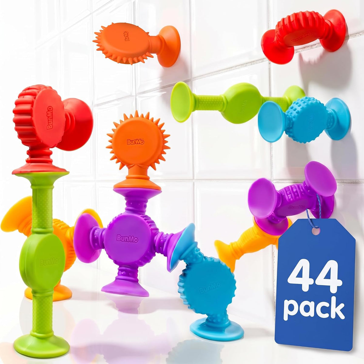 BUNMO Bath Toys Suction, Connect, Build, Create - Sensory Textured - 44 Pk